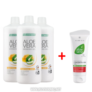 Aloe Vera Гел за пиене с мед за стомаха, Троен комплект + Крем Концентрат Алое Вера