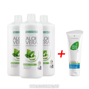 Комплект Aloe Vera Гел за пиене с коприва за Прочистване на кръвоносната система, Три бутилки + Витализиращ Душ-Гел за Невероятно усещане, Освежаване и Хидратиране