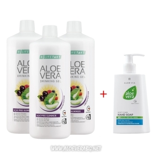 Гел за пиене Aloe Vera ACAI PRO SUMMER за Защита от Слънцето и от Дехидратация, Троен Комплект + Нежно Почистващ Крем-Сапун за Ръце Aloe Vera