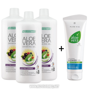 LR Гел за пиене Aloe Vera AÇAÍ PRO SUMMER за Защита от Слънцето и от Дехидратация, Троен Комплект + Витализиращ Душ-Гел Алое Вера